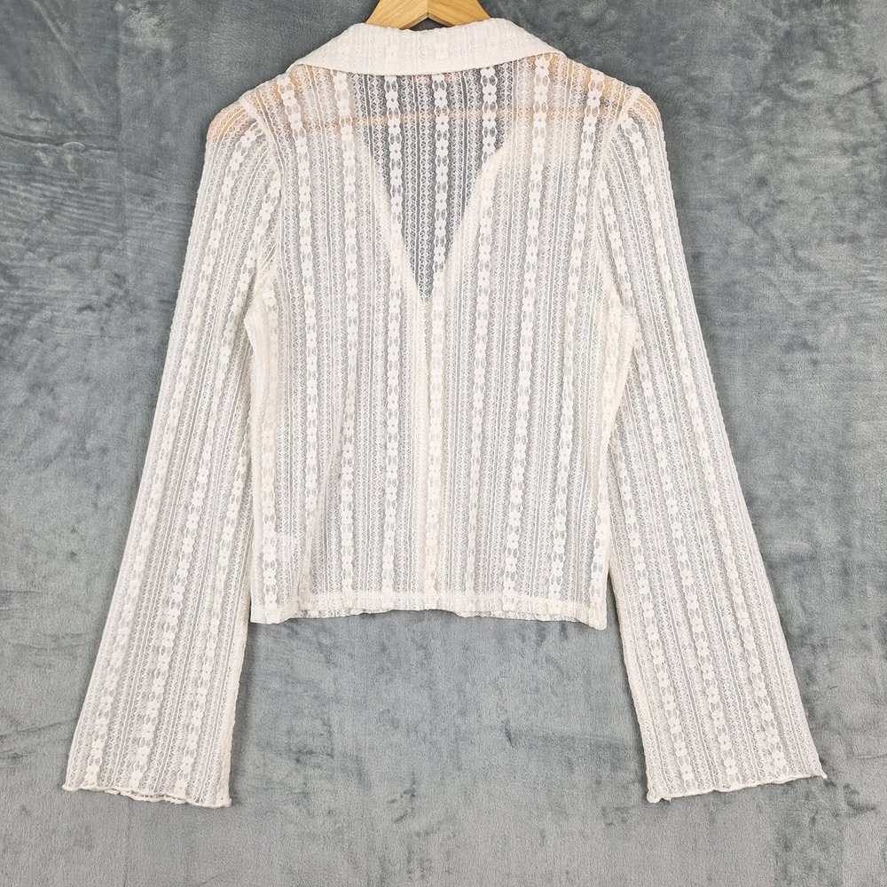 Womens Top Large Sheer Romantic Floral Lace Button Up Cottage Boho Flare Sleeve - Picture 7 of 8